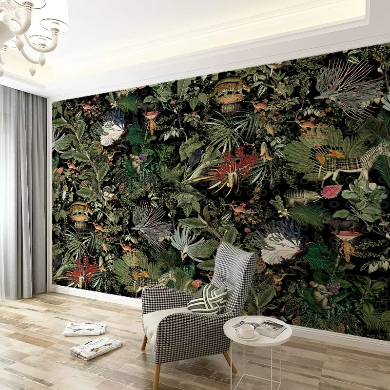 Fondo de pantalla con función de impresión por inyección de tinta de tinte botánico tropical de superficie negra vintage